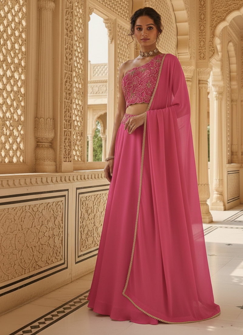 Pink Georgette Zari Hand Embroidered Lehenga Wedding Wear