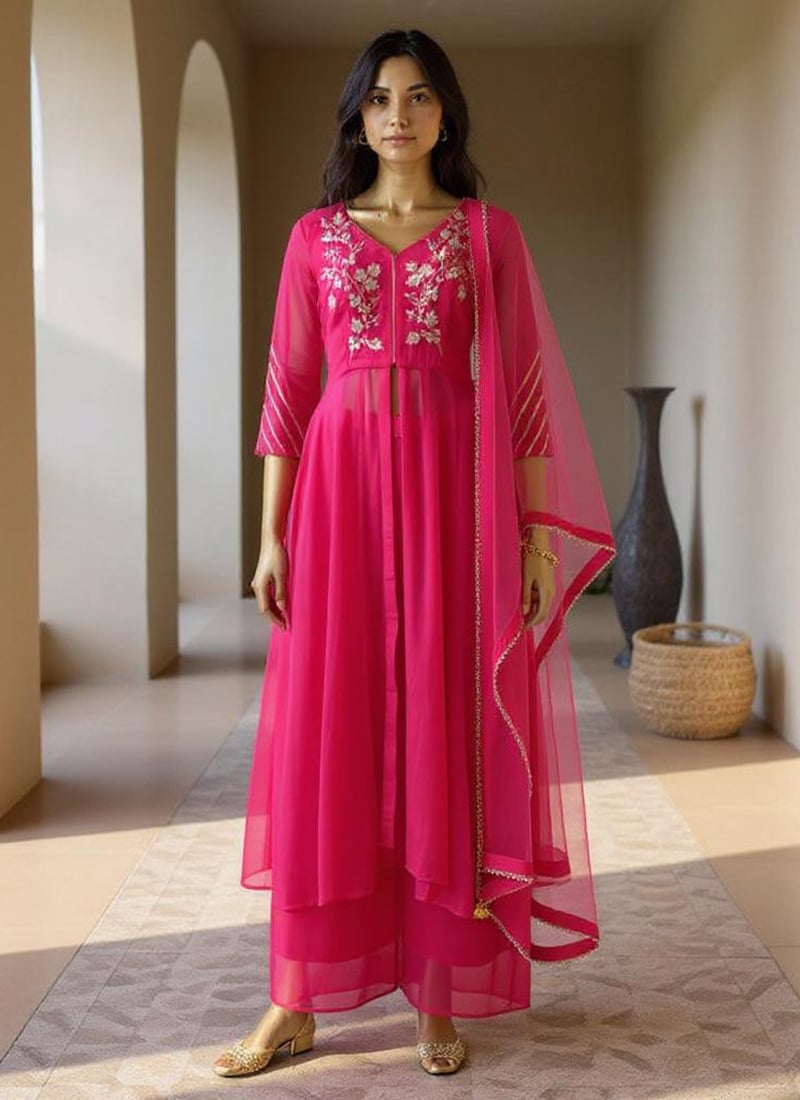 Pink Georgette Zari Hand Embroidered Sequins A Line High Slit Palazzo Suit