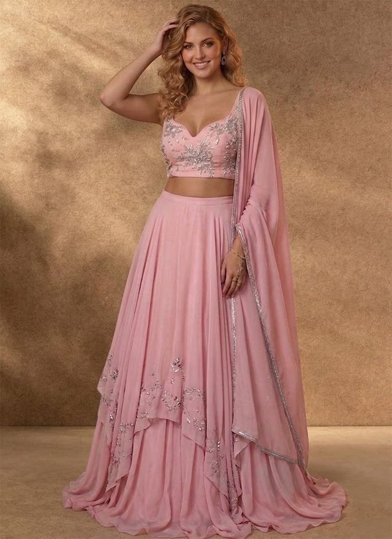 Pink Georgette Zari Hand Embroidered Sequins Lehenga Wedding Wear