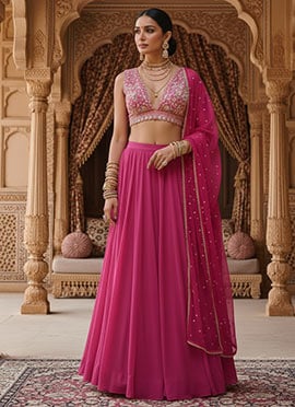 Pink Georgette Zari Hand Embroidered Sequins Lehenga