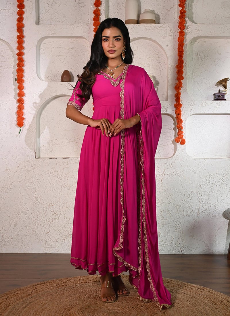Pink Georgette Zari Lace Work Anarkali Suit Festive Wear