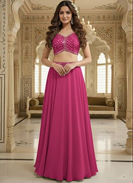 Pink Georgette Zari Mirror Hand Embroidered Lehenga