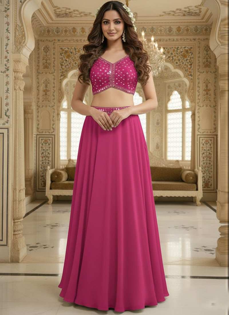 Pink Georgette Zari Mirror Hand Work Lehenga Wedding Wear