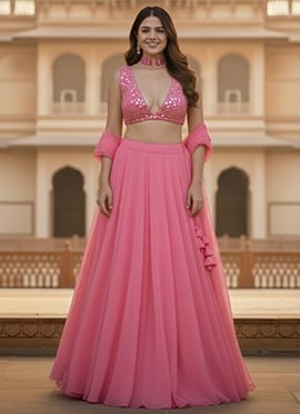 Pink Georgette Zari Mirror Work Lehenga