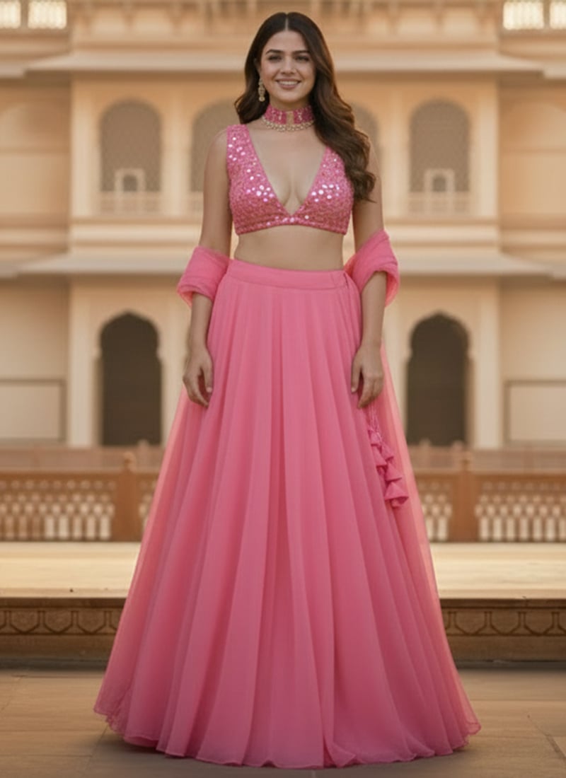Pink Georgette Zari Mirror Work Lehenga  Wedding Wear