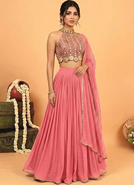 Pink Georgette Zari Mirror Work Sequins Embroidered Lehenga
