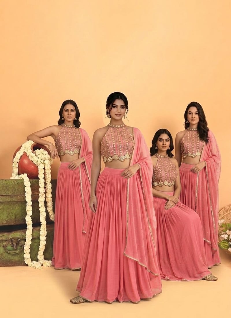 Pink Georgette Zari Mirror Work Sequins Embroidered Lehenga Wedding Wear