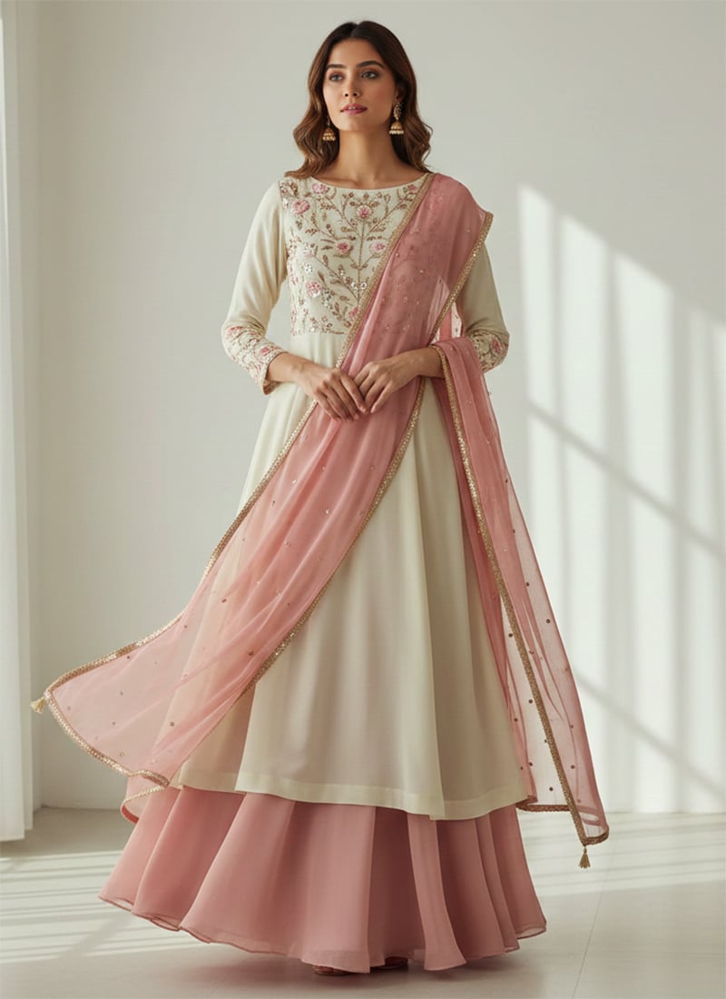 Pink Georgette Zari Resham Sequins Hand Embroidered A Line Lehenga Festive Wear