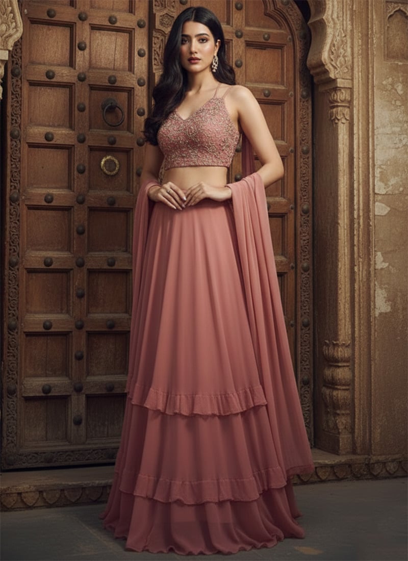 Pink Georgette Zari Sequin Hand Embroidered Lehenga  Wedding Wear