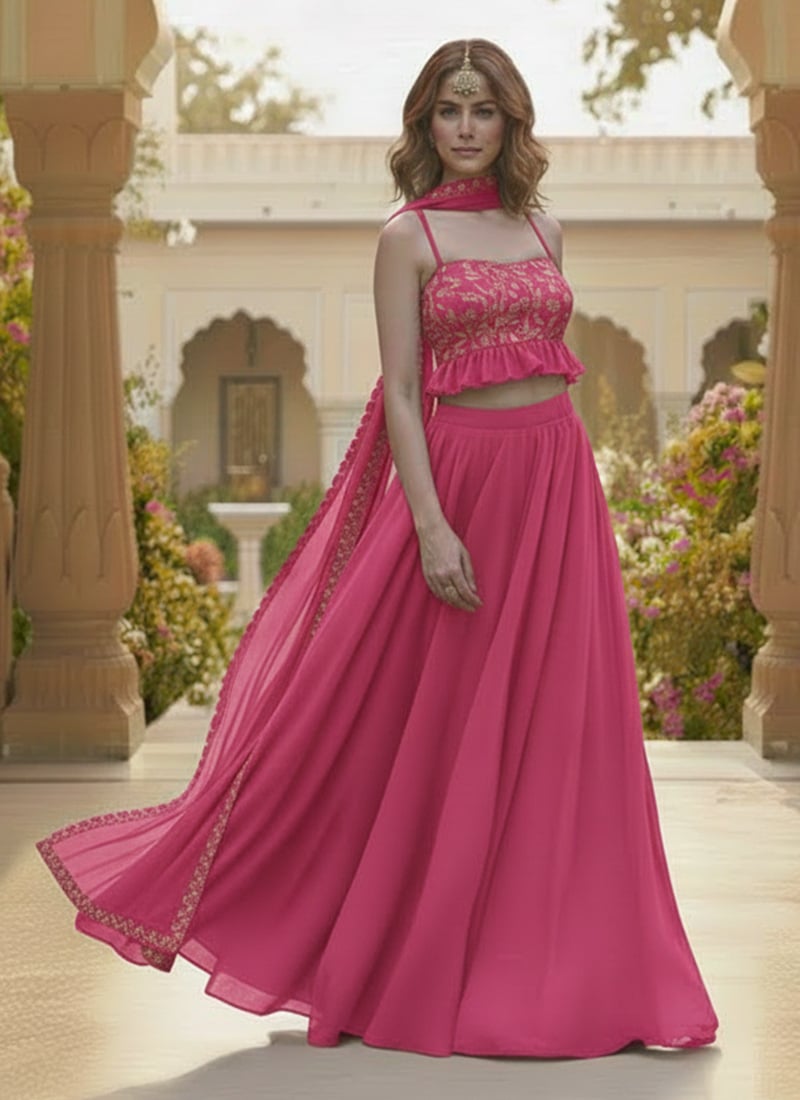 Pink Georgette Zari Sequins A Line Lehenga Wedding Wear