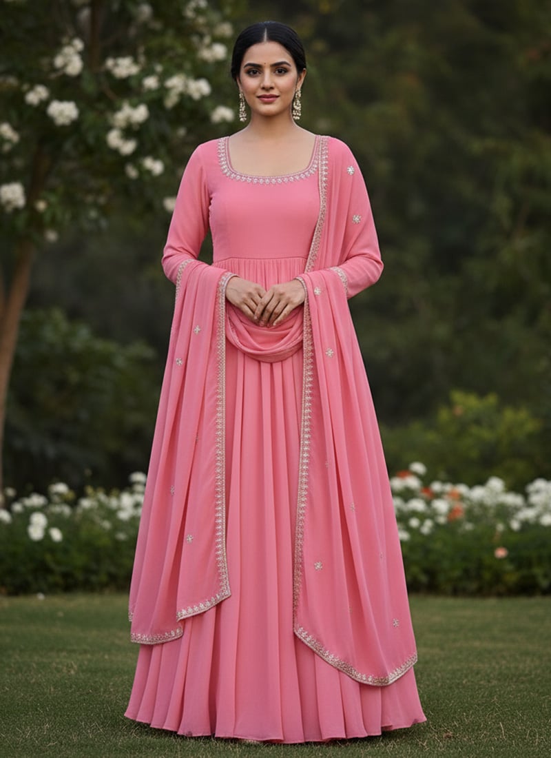 Pink Georgette Zari Sequins Anarkali Suit Festive Wear