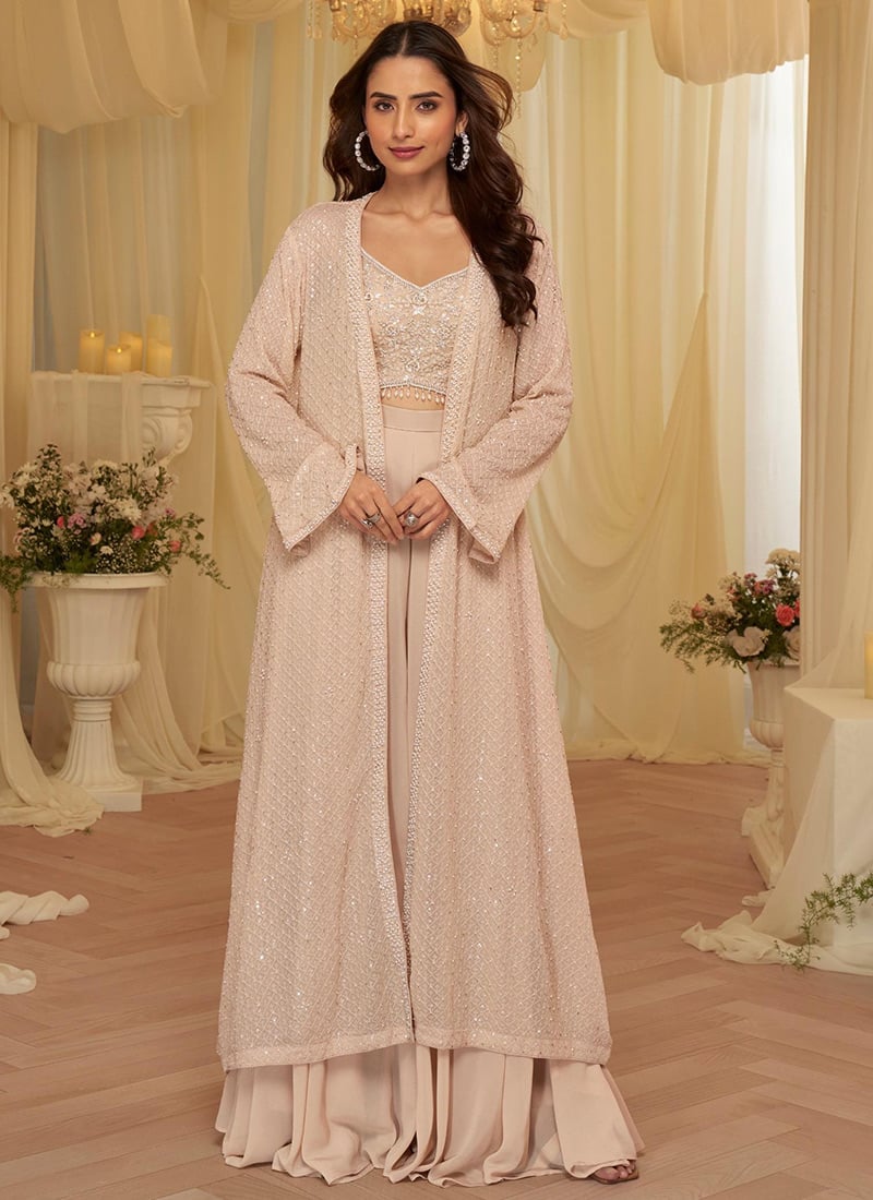 Pink Georgette Zari Sequins Beads Stones Indowestern Ensemble Wedding Wear