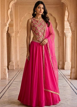 Pink Georgette Zari Sequins Cut Dana Lehenga