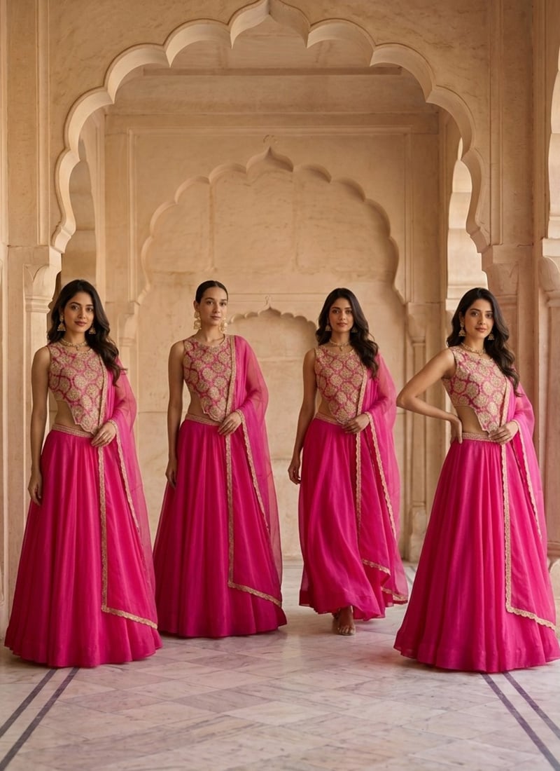Pink Georgette Zari Sequins Cut Dana Lehenga Wedding Wear