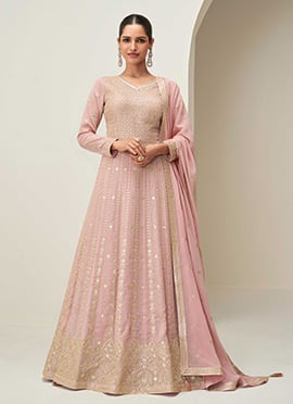 Pink Georgette Zari Sequins Embroidered A Line Anarkali Suit