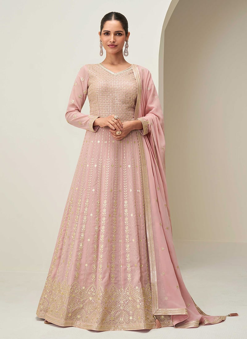 Pink Georgette Zari Sequins Embroidered A Line Anarkali Suit Festive Wear
