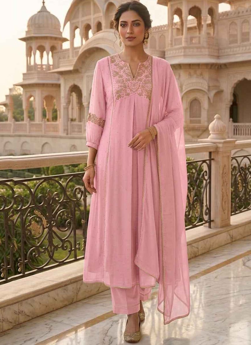 Pink Georgette Zari Sequins Embroidered Anarkali Suit Festive Wear