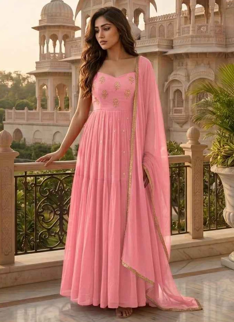 Pink Georgette Zari Sequins Embroidered Anarkali Suit Festive Wear