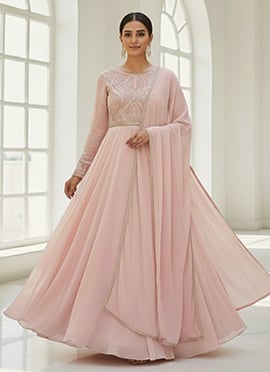 Pink Georgette Zari Sequins Hand Embroidered Anarkali Suit