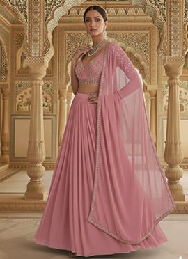 Pink Georgette Zari Sequins Hand Embroidered Lehenga