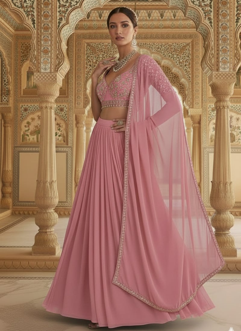 Pink Georgette Zari Sequins Hand Embroidered Lehenga  Wedding Wear