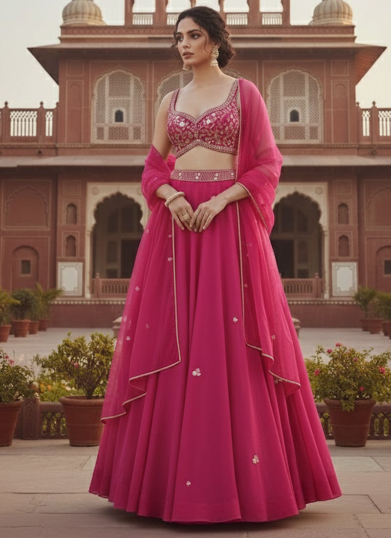 Pink Georgette Zari Sequins Hand Embroidered Lehenga  Wedding Wear