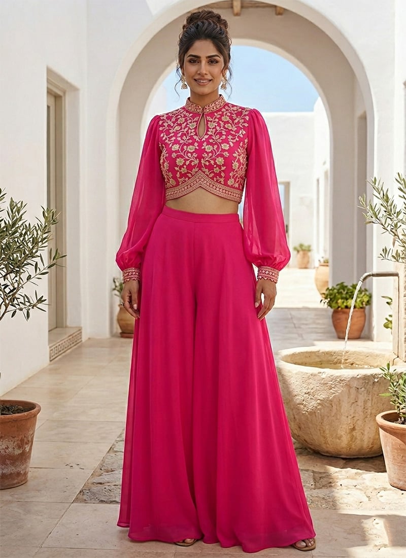 Pink Georgette Zari Sequins Indowestern Palazzo Set After Six Wear