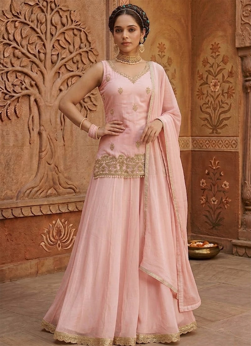 Pink Georgette Zari Sequins Palazzo Suit Festive Wear