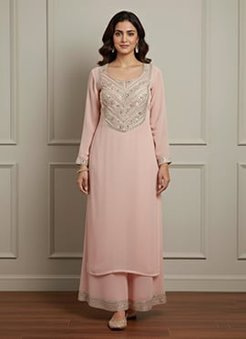 Pink Georgette Zari Sequins Palazzo Suit