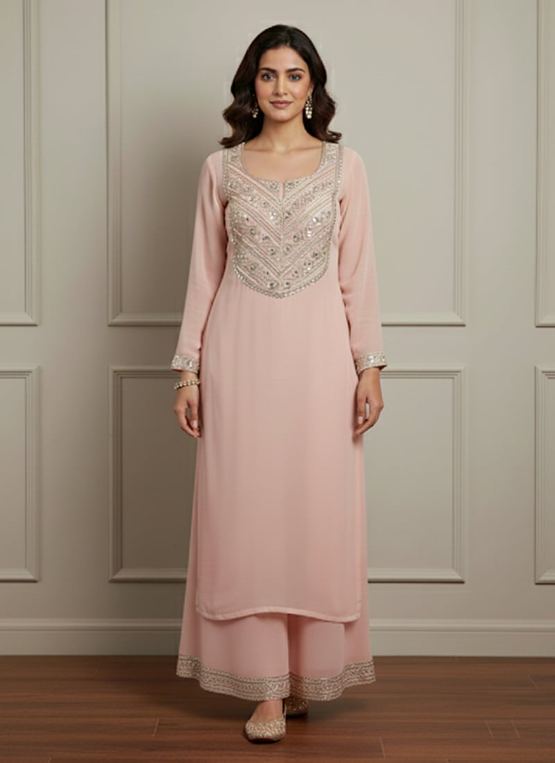 Pink Georgette Zari Sequins Palazzo Suit Festive Wear