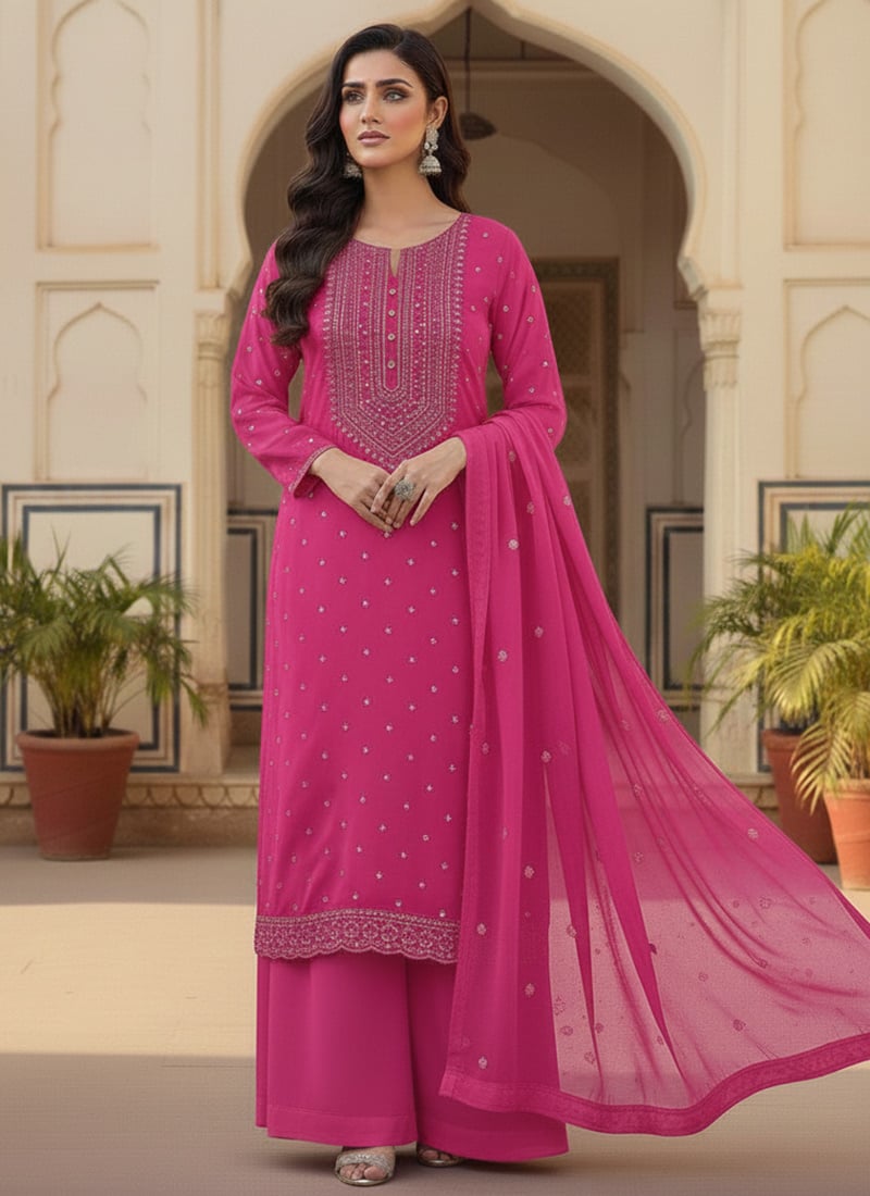 Pink Georgette Zari Sequins Palazzo Suit Festive Wear