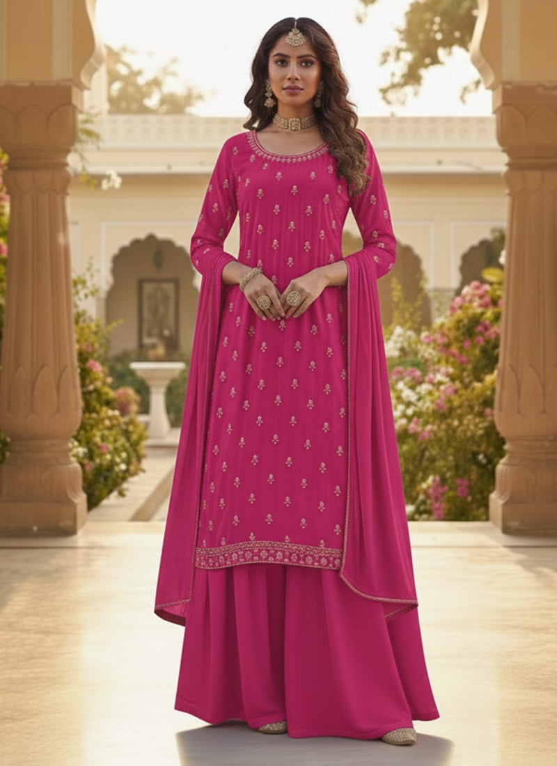 Pink Georgette Zari Sequins Palazzo Suit Festive Wear