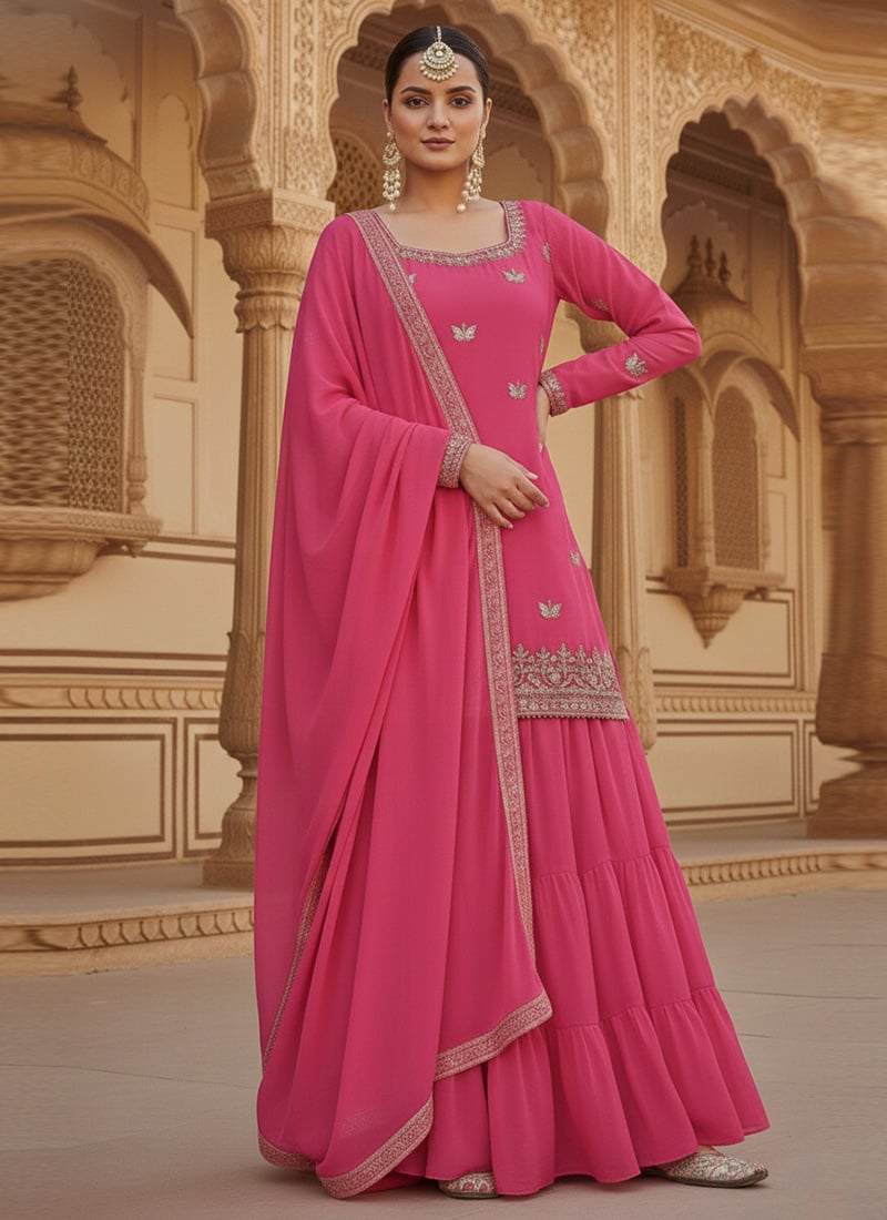 Pink Georgette Zari Sequins Palazzo Suit Festive Wear