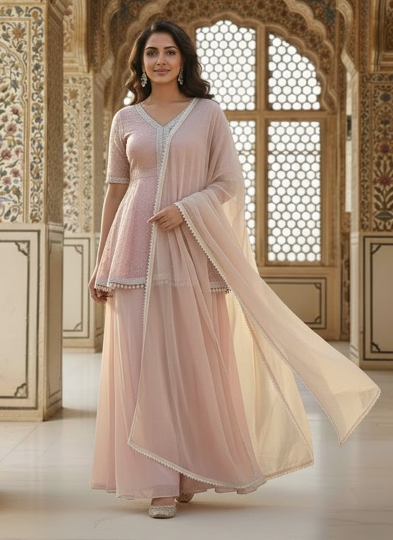 Pink Georgette Zari Sequins Peplum Style Kurti Palazzo Suit Festive Wear