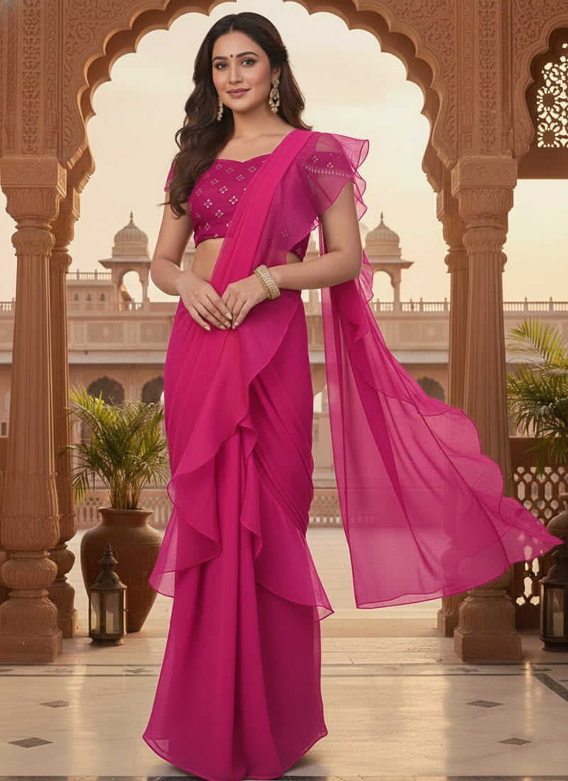 Pink Georgette Zari Sequins Ruffled Saree