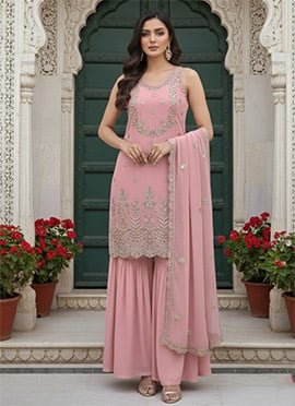 Pink Georgette Zari Sequins Sharara Suit