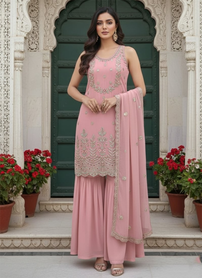 Pink Georgette Zari Sequins Sharara Suit Festive Wear