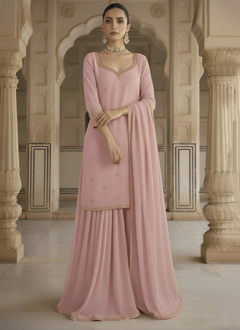 Pink Georgette Zari Sequins Sharara Suit Festive Wear