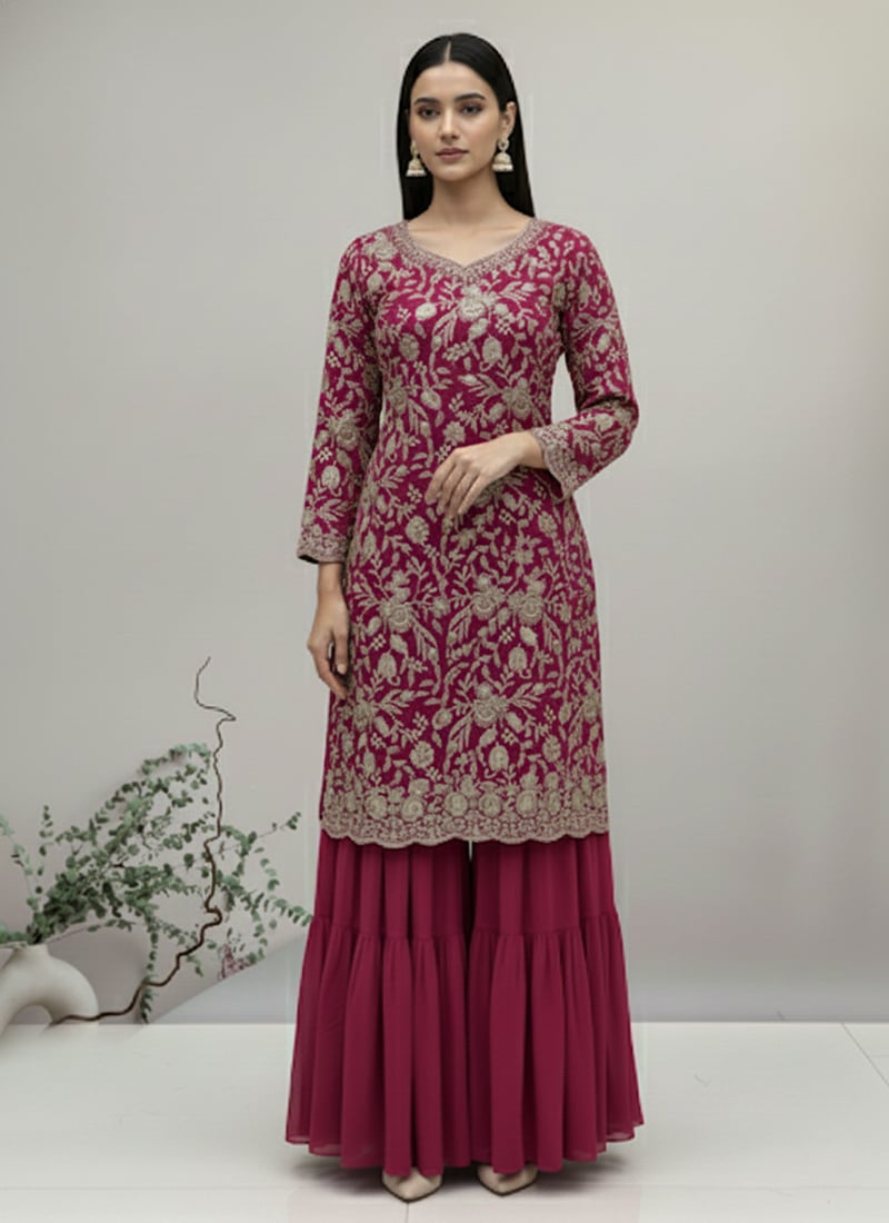 Pink Georgette Zari Sequins Sharara Suit Festive Wear
