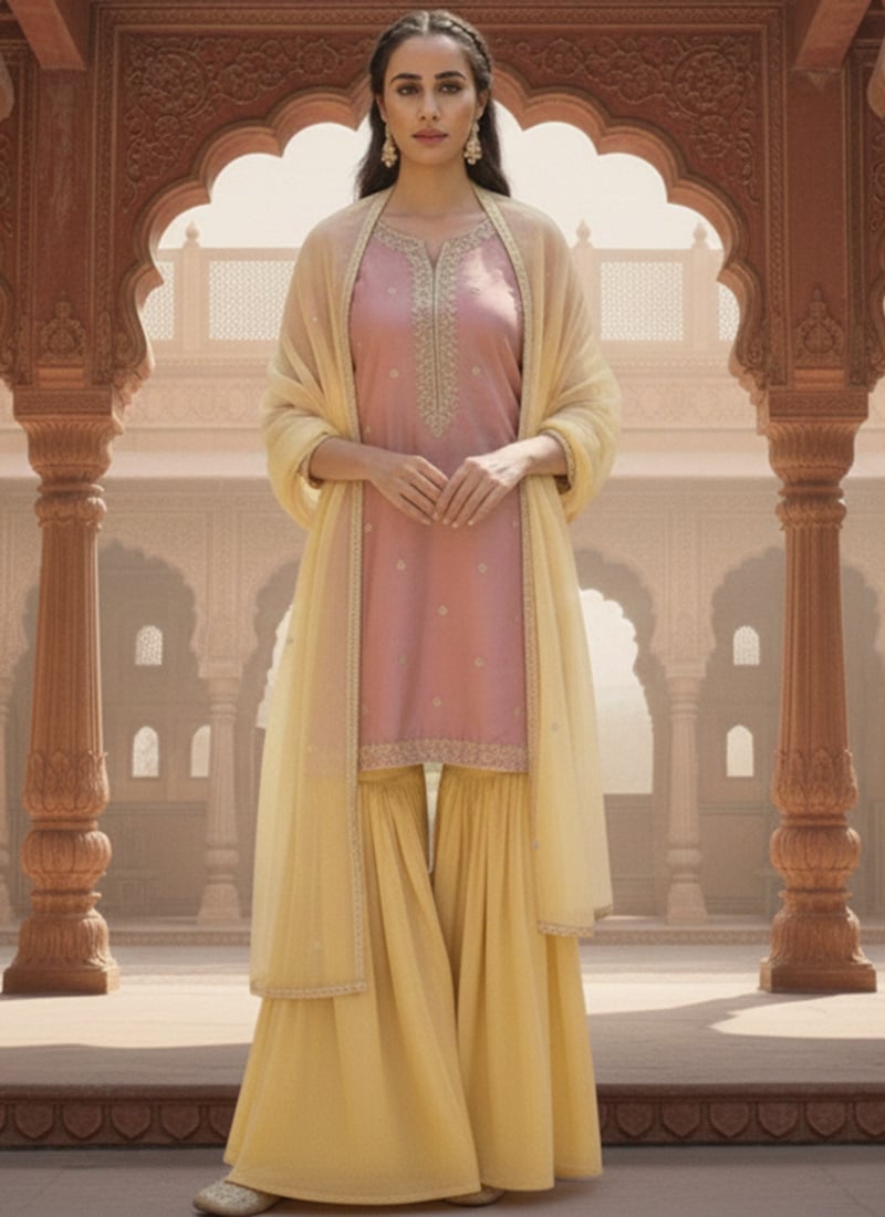 Pink Georgette Zari Sequins Sharara Suit Festive Wear