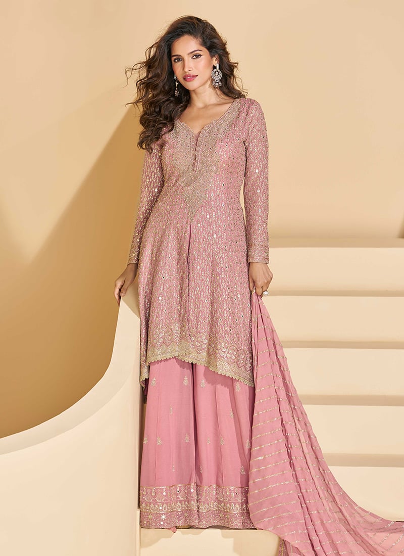 Pink Georgette Zari Sequins Stone Work High Slit Palazzo Suit Wedding Wear