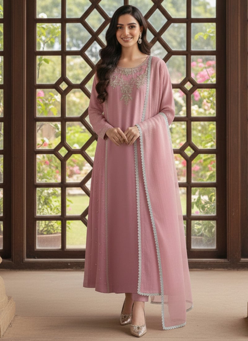 Pink Georgette Zari Sequins Stone Work Straight Pant Suit Festive Wear