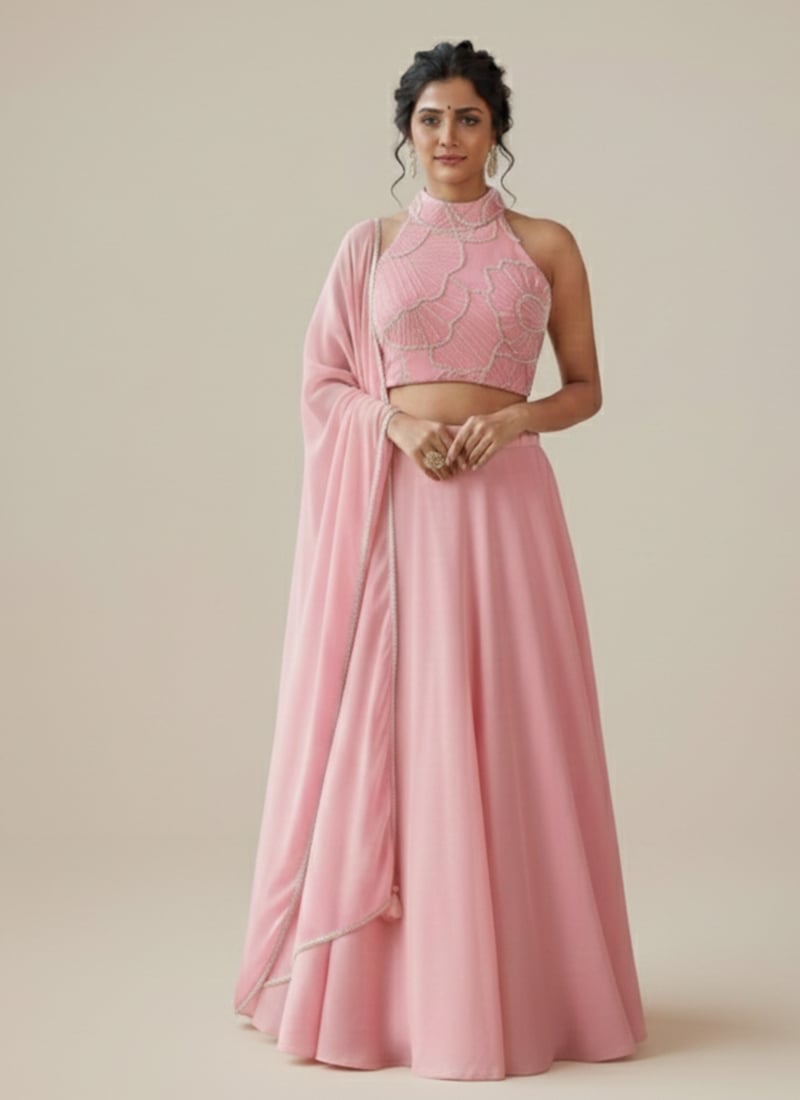 Pink Georgette Zari Sequins Umbrella Lehenga Wedding Wear
