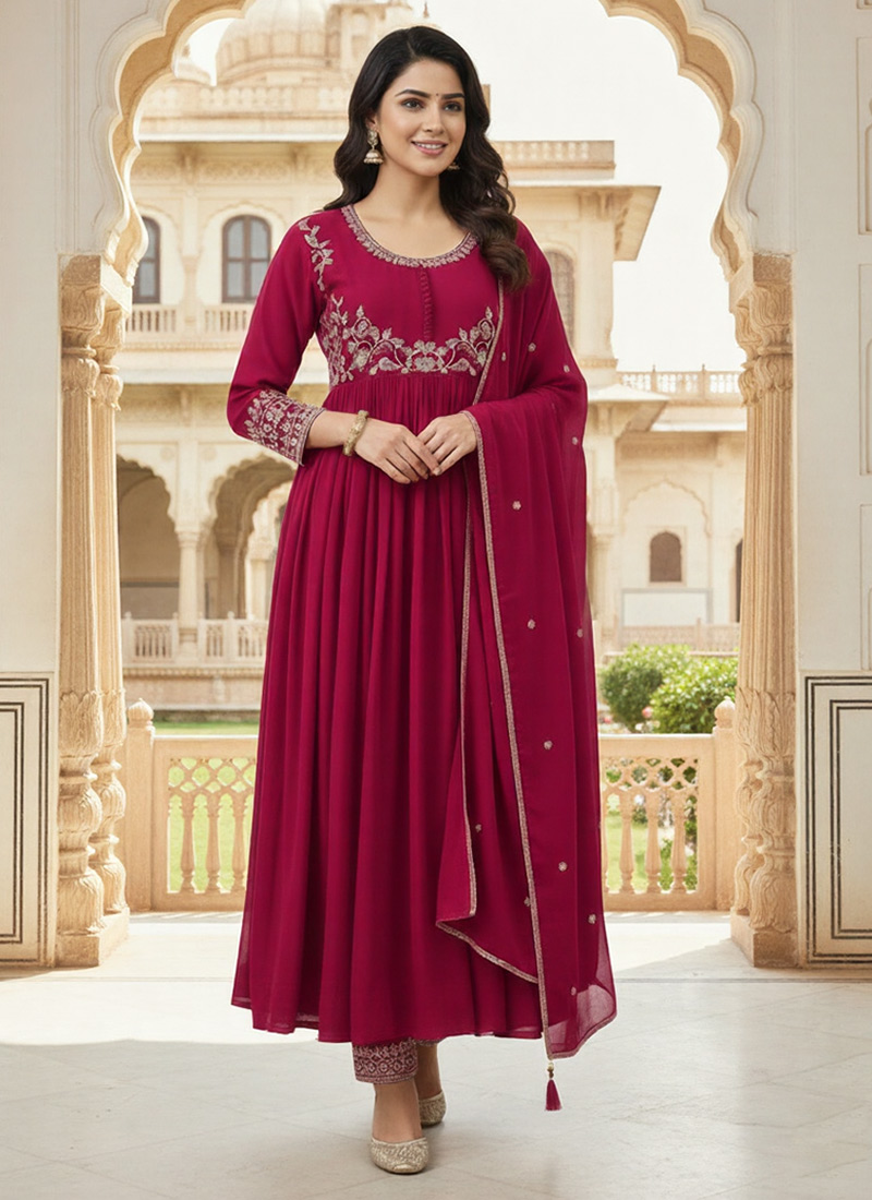 Pink Georgette Zari Stones Work Anarkali Suit Wedding Wear