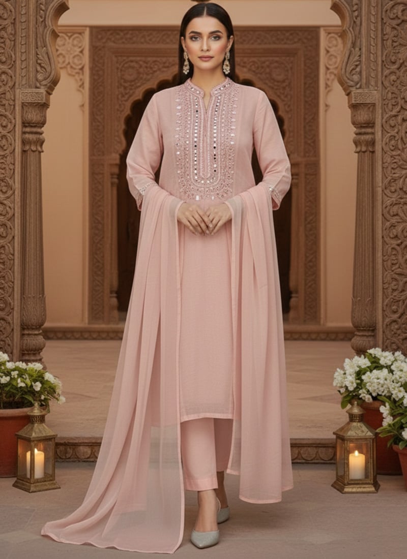 Pink Georgette Zari Straight Pant Suit Festive Wear