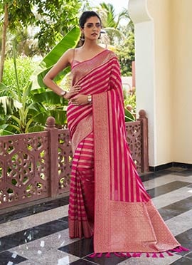 Pink Georgette Zari Woven Saree