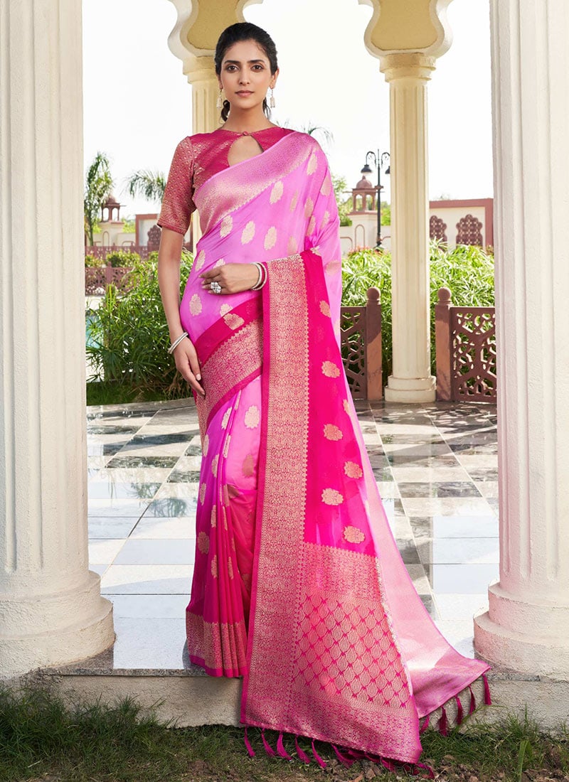 Pink Georgette Zari Woven Saree Festive Wear