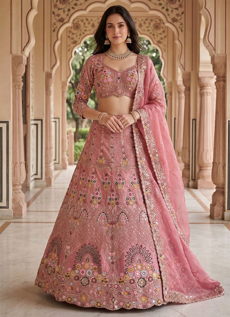 Pink Gold Crush Embroidery Sequins Lehenga Wedding Wear
