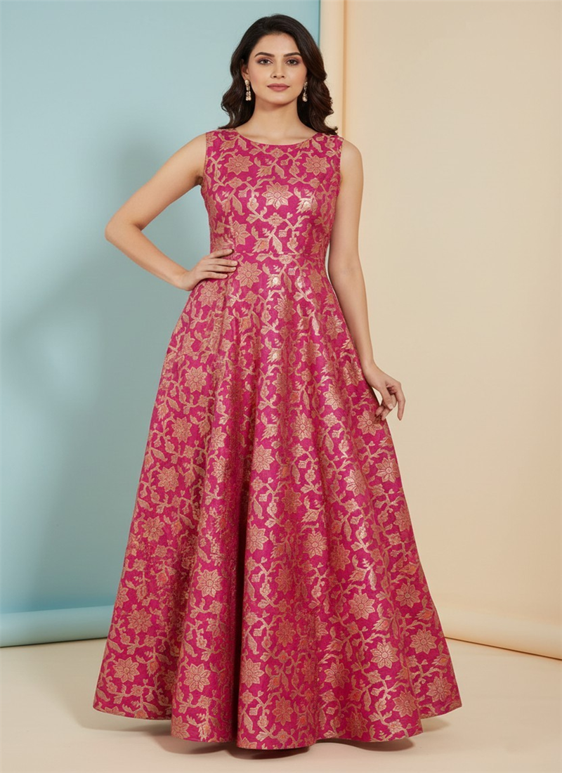 Pink Gold Floral Silk Indo Western Maxi Dress Festive Wear