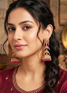 Pink Gold Plated Enamelled DomeShaped Jhumka Earrings